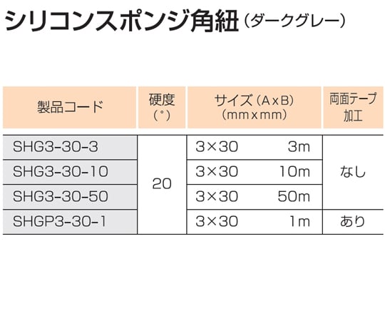 シリコンスポンジ角紐（ダークグレー）3mm×30mm 3m　SHG3-30-3