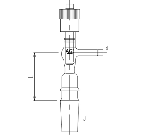 高真空グリースレスバルブ付排気管 オス 溝付 高真空グリースレスバルブ 芯棒材質：PTFE　SQG-19/22　2490-3M-G-9