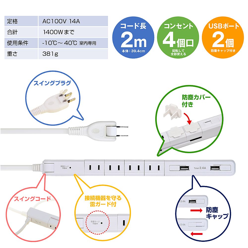 4P2mスリム回転USBタップ ホワイト　WBS-SL402USB(W)