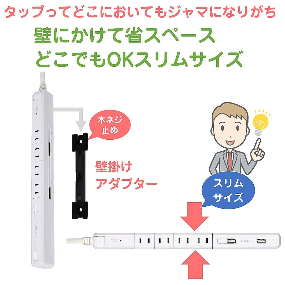 65-2494-28 4P2mスリム回転USBタップ ホワイト WBS-SL402USB(W) 【AXEL