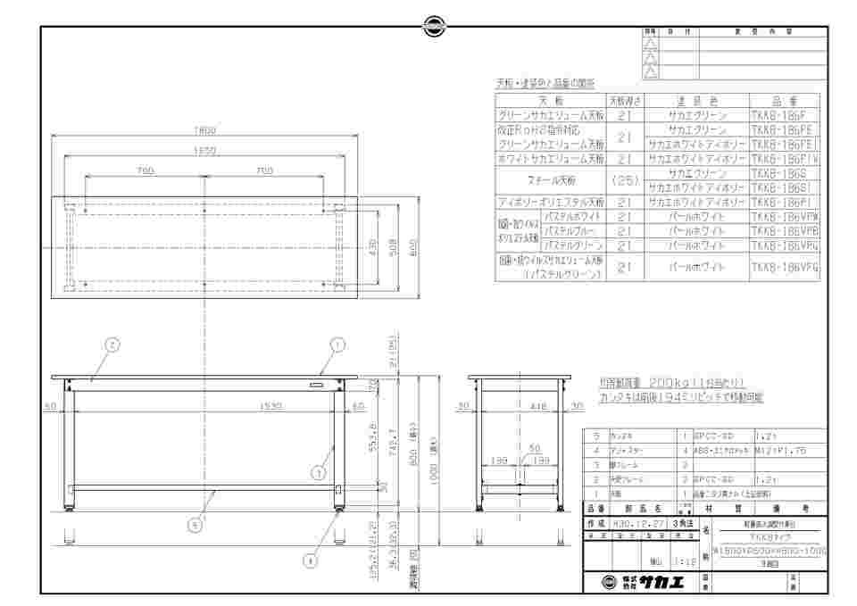 65-3378-17 軽量高さ調整作業台（TKK8/200kg/抗菌・抗ウイルスポリ天板