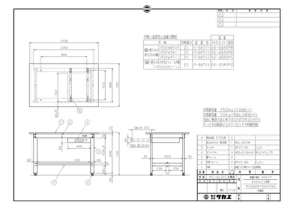 65-3379-89 軽量作業台（KK/350kg/抗菌・抗ウイルスサカエリューム天板