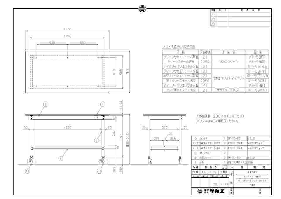 65-3381-59 軽量作業台（KH/200kg/スチール天板/H900）1500×750×900mm