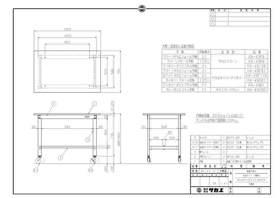 65-3381-76 軽量作業台（KH/200kg/ポリエステル天板/H900）1200×750