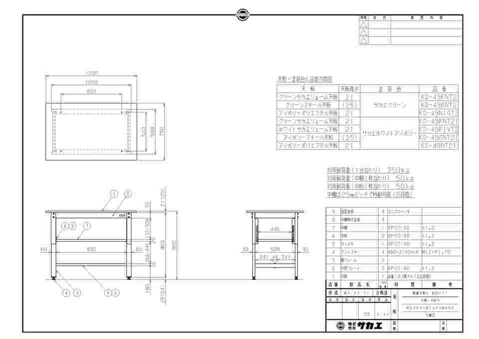 65-3381-90 軽量立作業台（KD/350kg/サカエリューム天板/H900/中板中棚