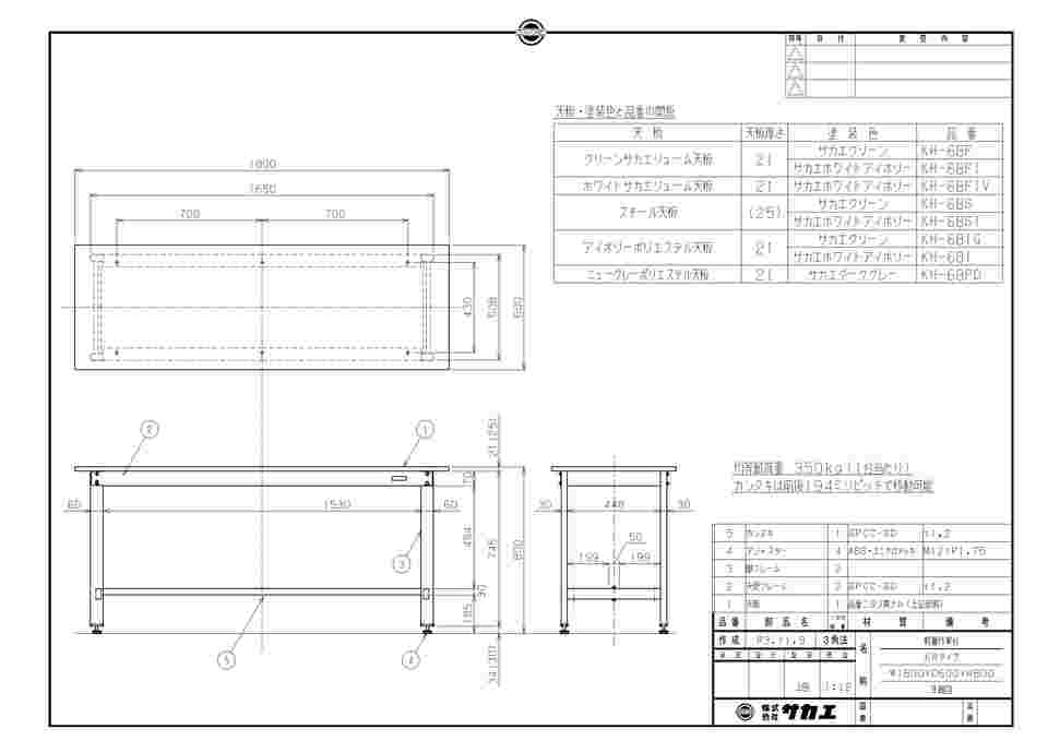 65-3390-10 軽量作業台KHタイプ 1800×600×800mm サカエグリーン KH-68F