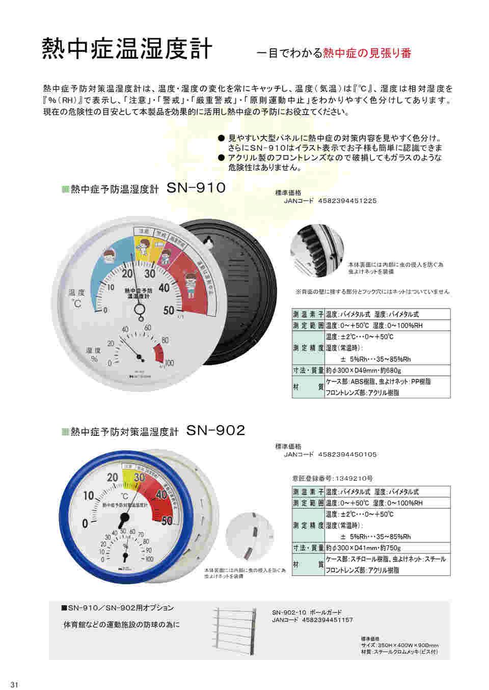 65-3750-68 大型熱中症予防対策温湿度計（直径30センチ） SN-910
