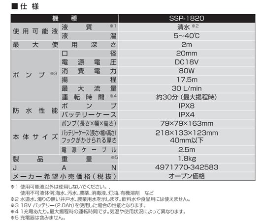 65-5606-77 充電式水中ポンプ 18V 2.0Ah スマートシリーズ SSP-1820 【AXEL】 アズワン