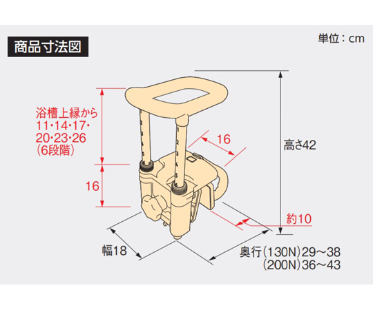 65-5677-64 高さ調節付浴槽手すり（安寿） UST-130N レッド 536-612