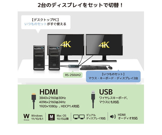 65-8650-71 デュアルディスプレイ対応 HDMIパソコン切替器 RS-250UH2