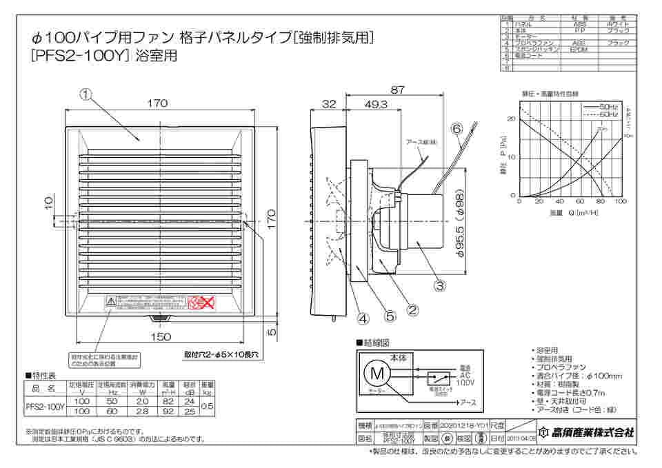 65-8744-87 パイプ用ファン強制排気用 浴室用タイプ（φ100mm） PFS2