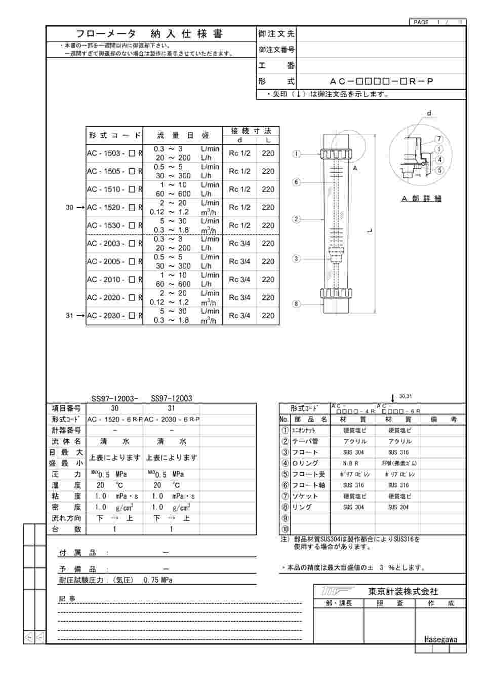 65-9087-18 ACシリーズアクリル管式フローメータ 水用 2～20L/min