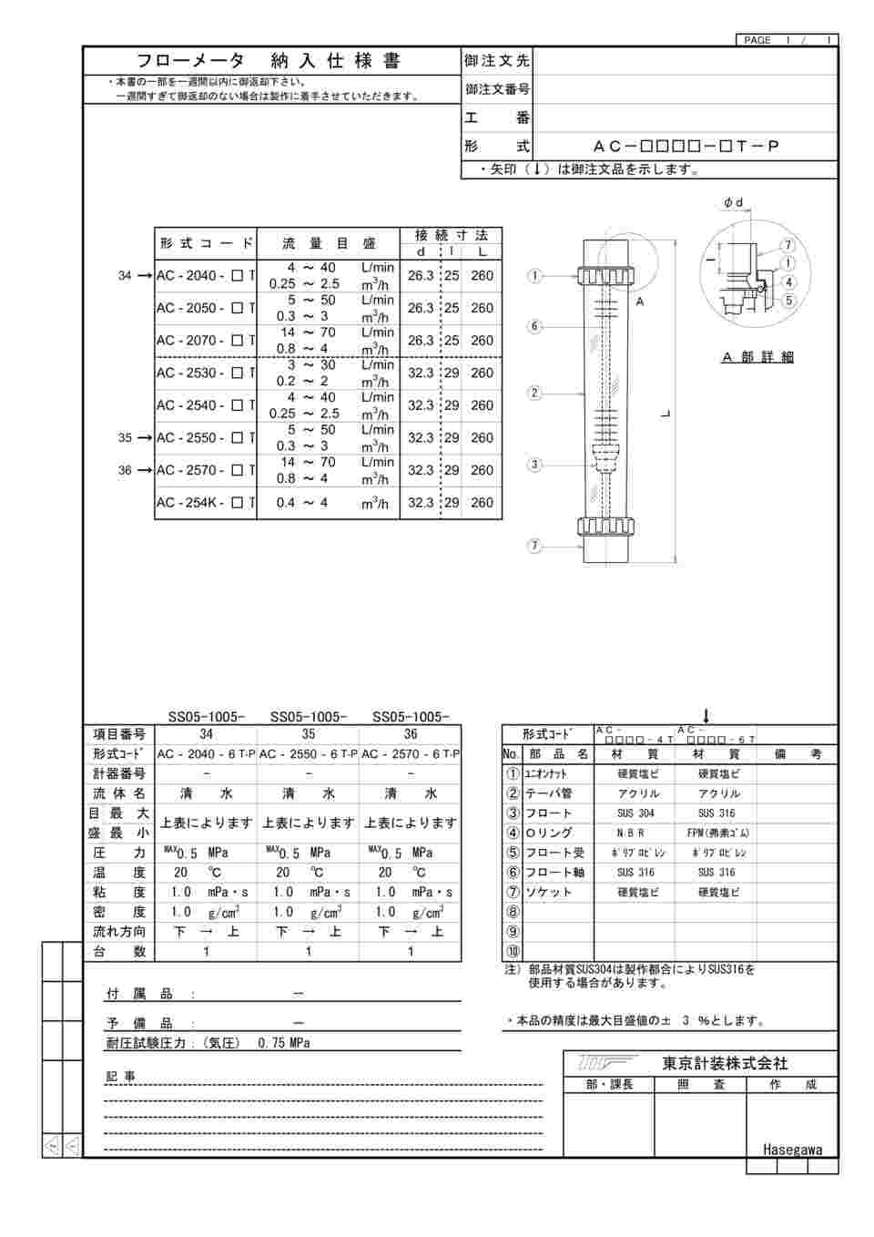 65-9087-34 ACシリーズアクリル管式フローメータ 水用 14～70L/min