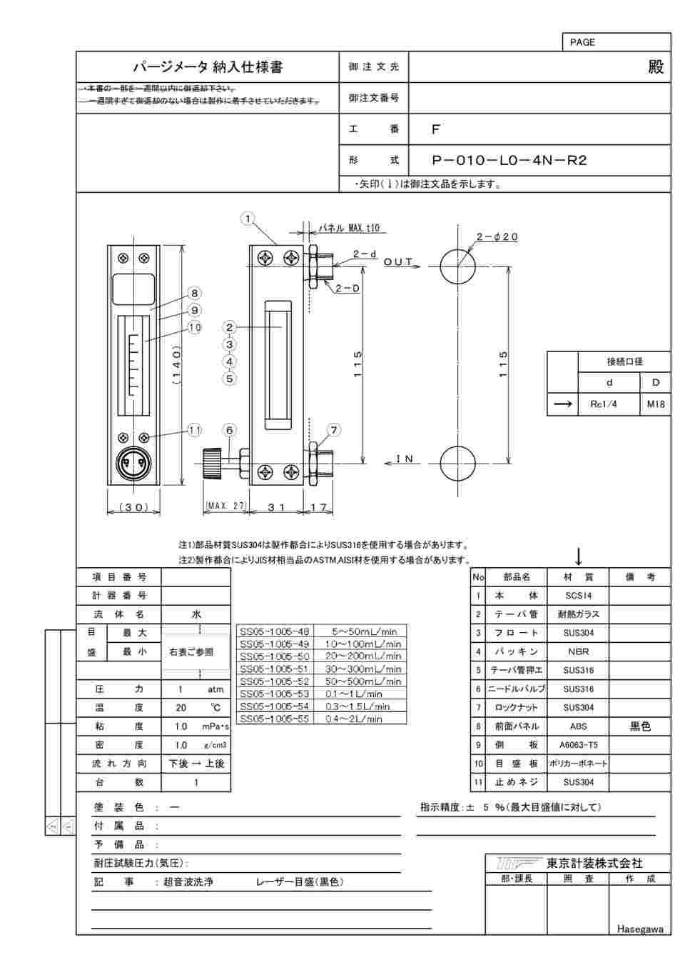 65-9087-38 P-010シリーズパージメータ 水用 10～100mL/min Rc1/4 P