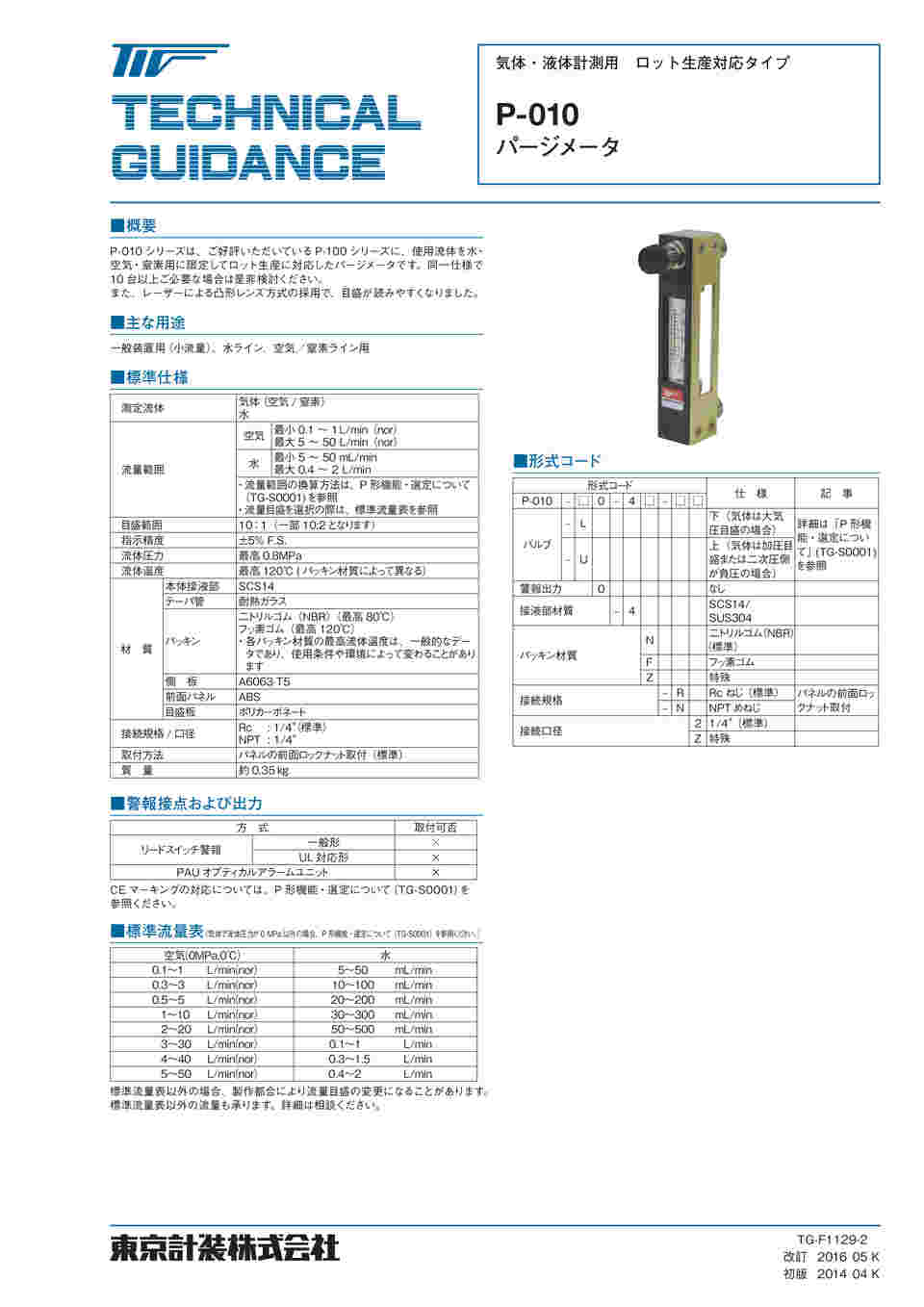 65-9087-38 P-010シリーズパージメータ 水用 10～100mL/min Rc1/4 P