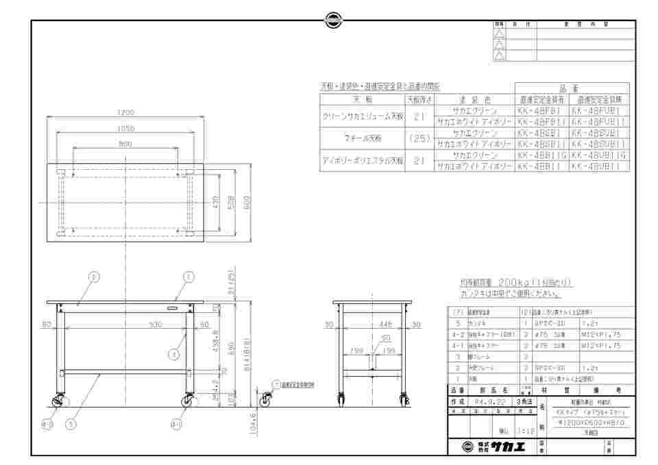 65-9546-87 軽量作業台（KK/スチール天板/キャスター付/直進安定金具無