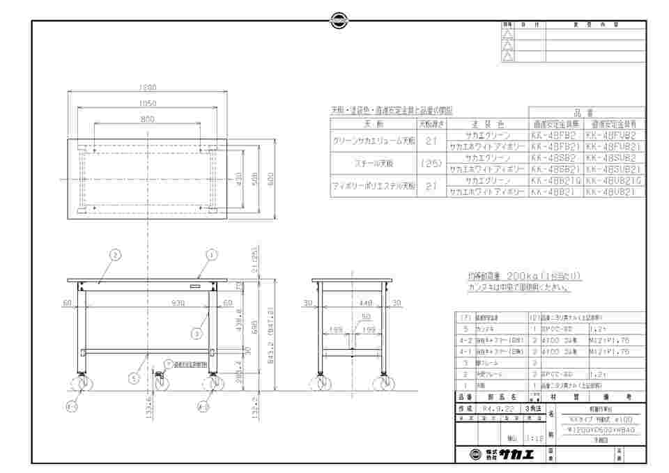 65-9546-96 軽量作業台（KK/スチール天板/キャスター付/直進安定金具無