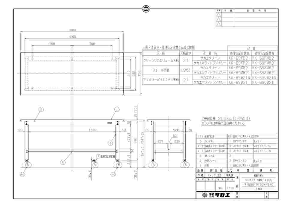 65-9547-11 軽量作業台（KK/スチール天板/キャスター付/直進安定金具無