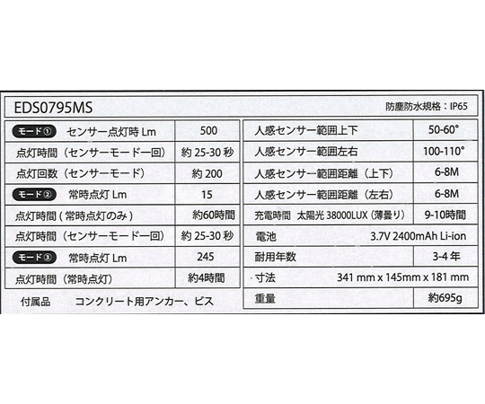 ソーラーセンサーライト広範囲照射タイプ 強力マグネット取付式　EDS0795MS