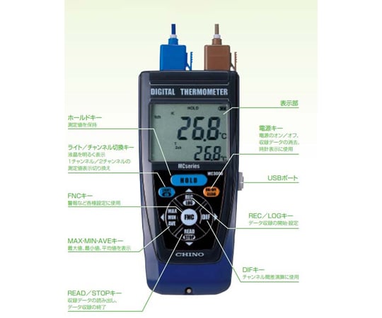 MCseries デジタルハンディ温度計 データ収録機能付2ch　MC3000-000