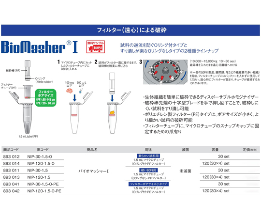 67-6868-11 バイオマッシャーⅠ（1.5mL、Oリング付、PEフィルター）120