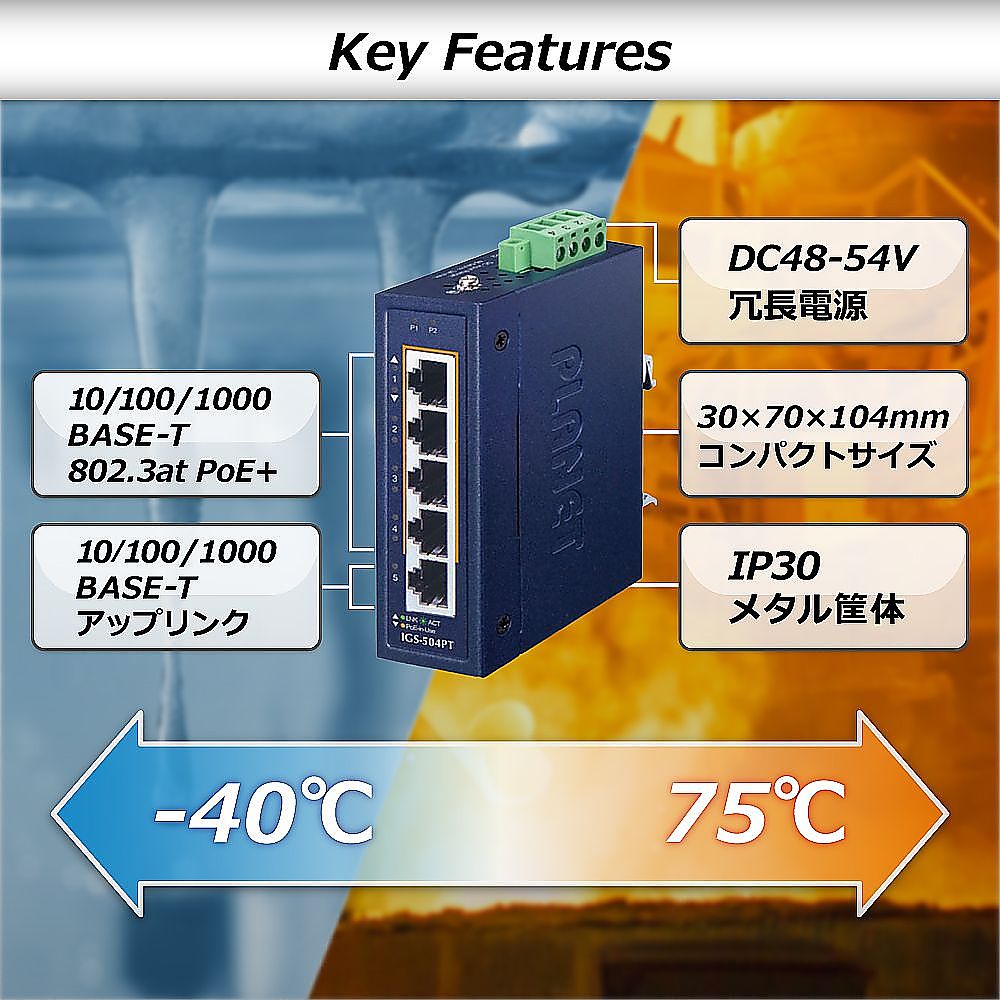 産業用PoEスイッチングハブ ギガビット 5ポート コンパクト　IGS-504PT