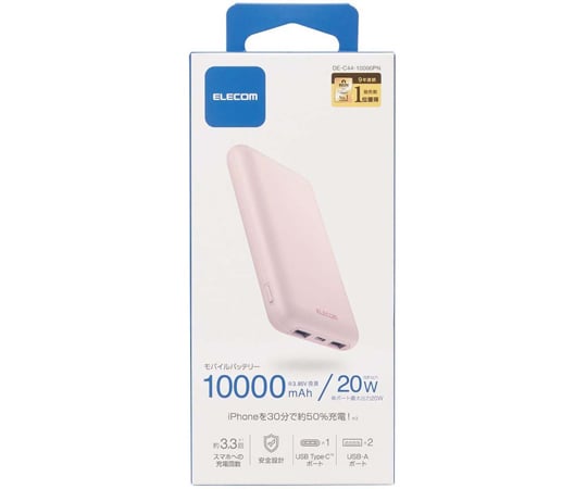 68-0790-97 モバイルバッテリー リチウムイオン電池 薄型 USB PD 20W 10000mAh USB Type-C入出力1ポート  USB-A出力2ポート ピンク DE-C44-10000PN 【AXEL】 アズワン