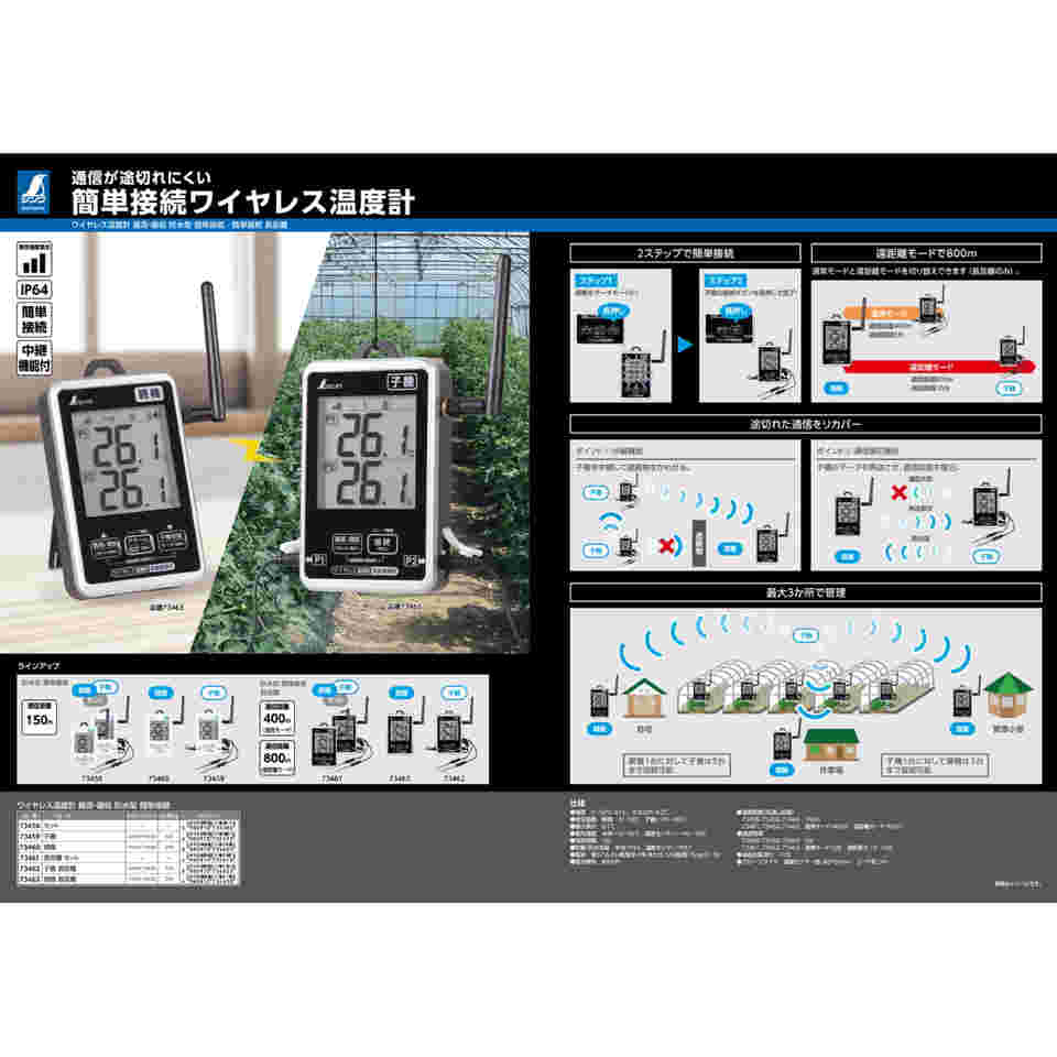 69-5853-33 ワイヤレス温度計 最高・最低 防水型 簡単接続 長
