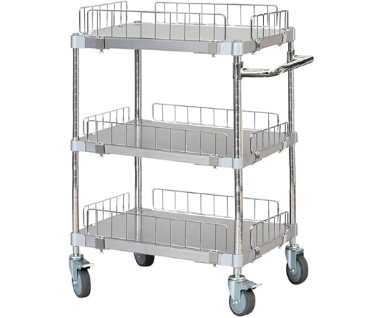 69-6047-82 柵ガード付ステンレスシェルフワゴン 46×90 H70 2段