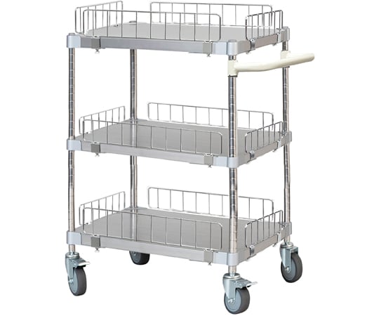 69-6047-77 柵ガード付ステンレスシェルフワゴン 46×90 H70 3段