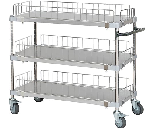 69-6047-77 柵ガード付ステンレスシェルフワゴン 46×90 H70 3段