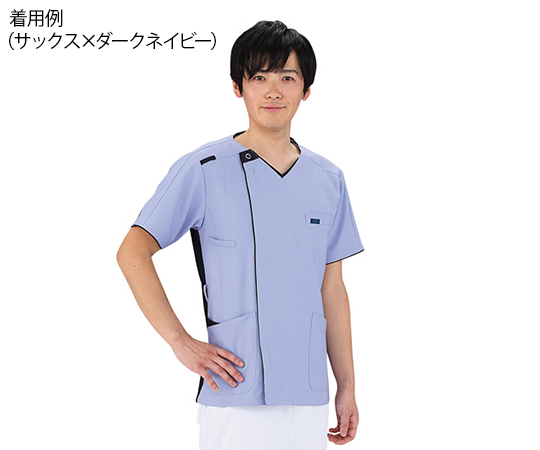 メンズニットスクラブ（ジップスクラブ）　サックス×ダークネイビー　S