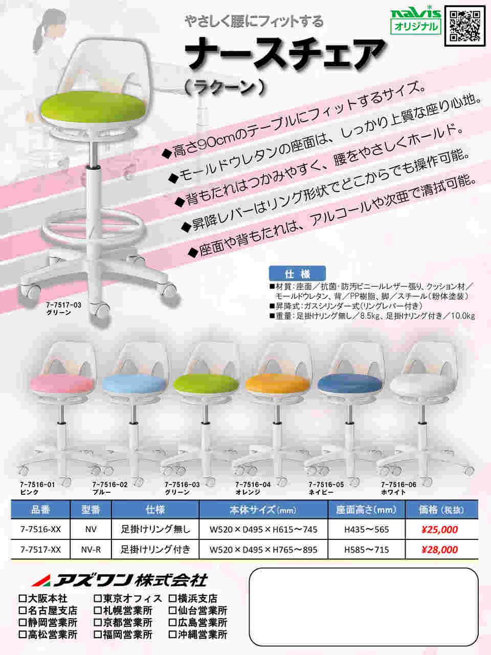 7-7516-01 ナースチェア（ラクーン） リング無し ピンク NV-P 【AXEL