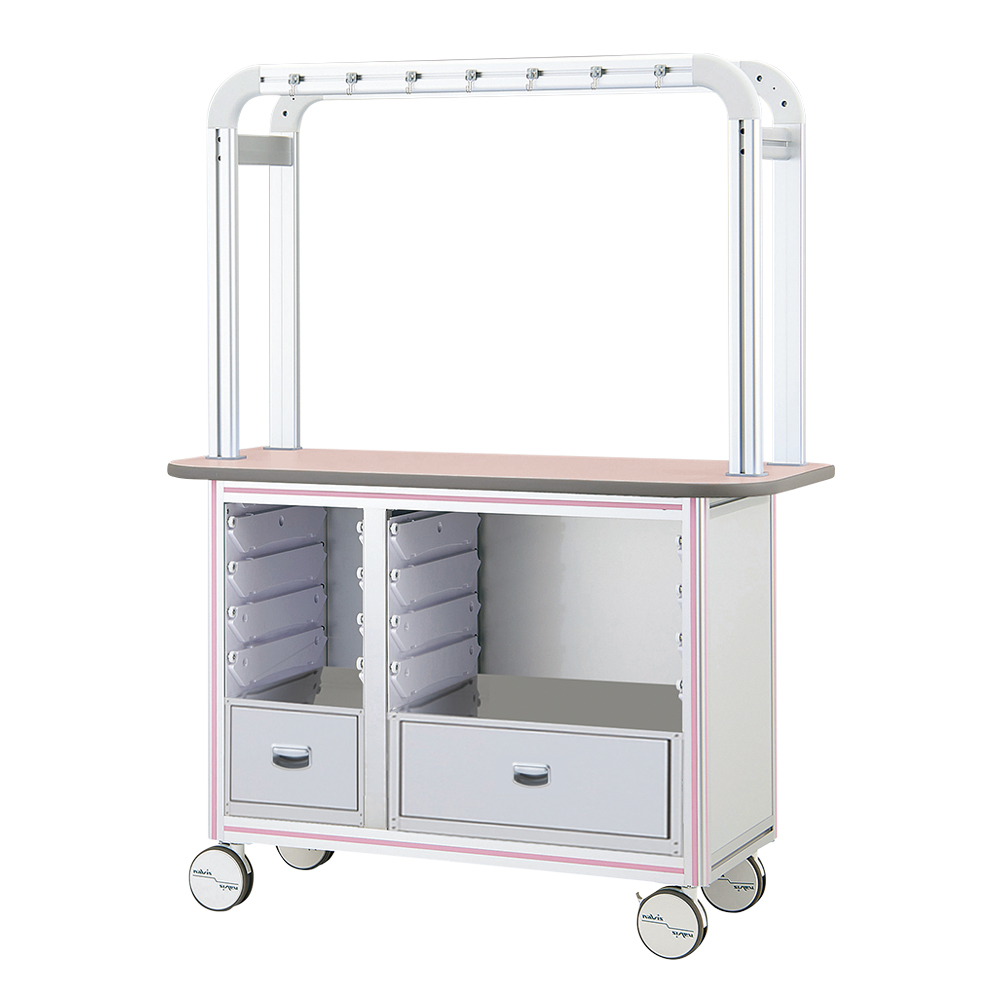 点滴作業台　片面型・引出し付きダブルフレーム　1200×500×1650mm　2列×4段　ピンク