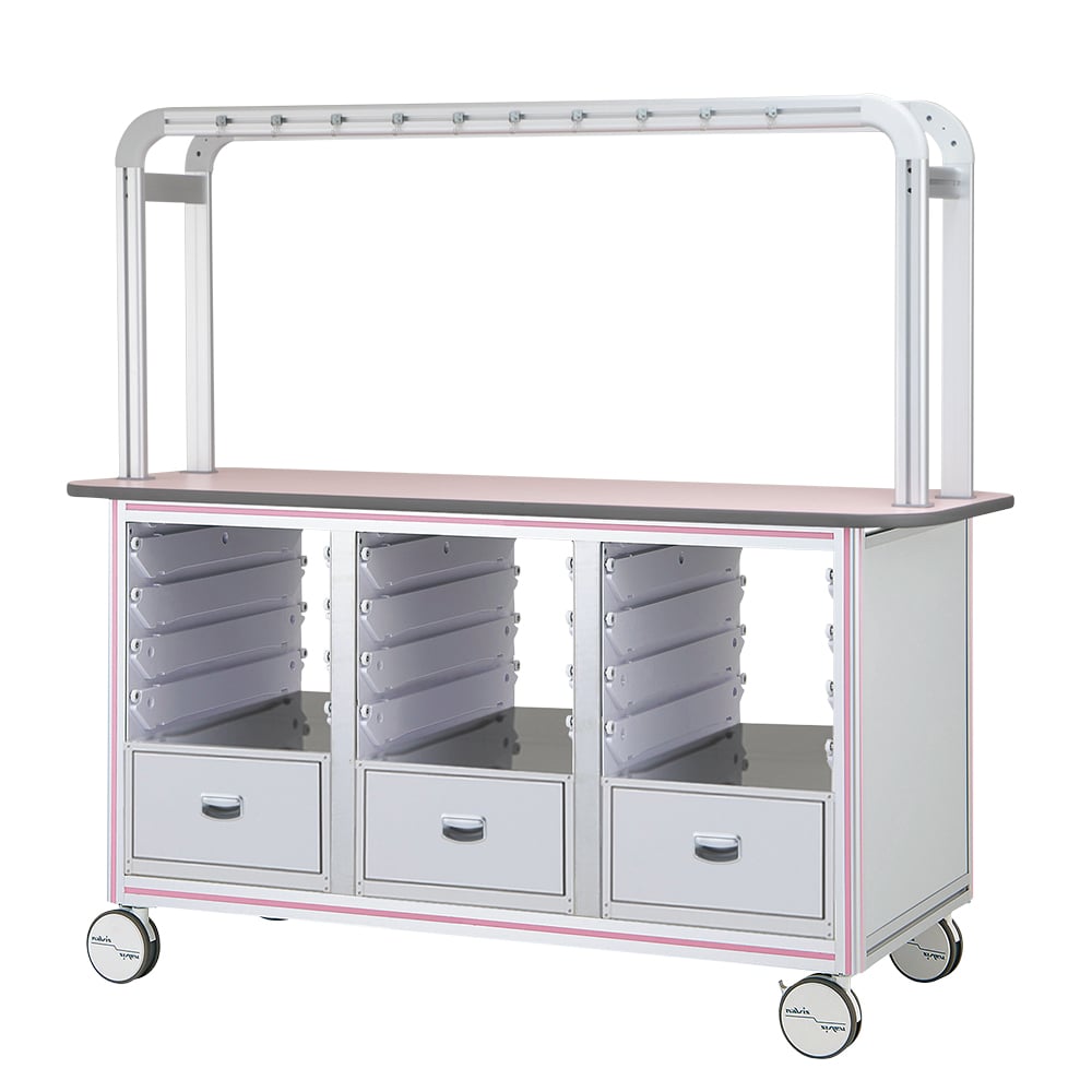 点滴作業台　対面型・引出し付きダブルフレーム　1800×900×1650mm　3列×4段　ピンク