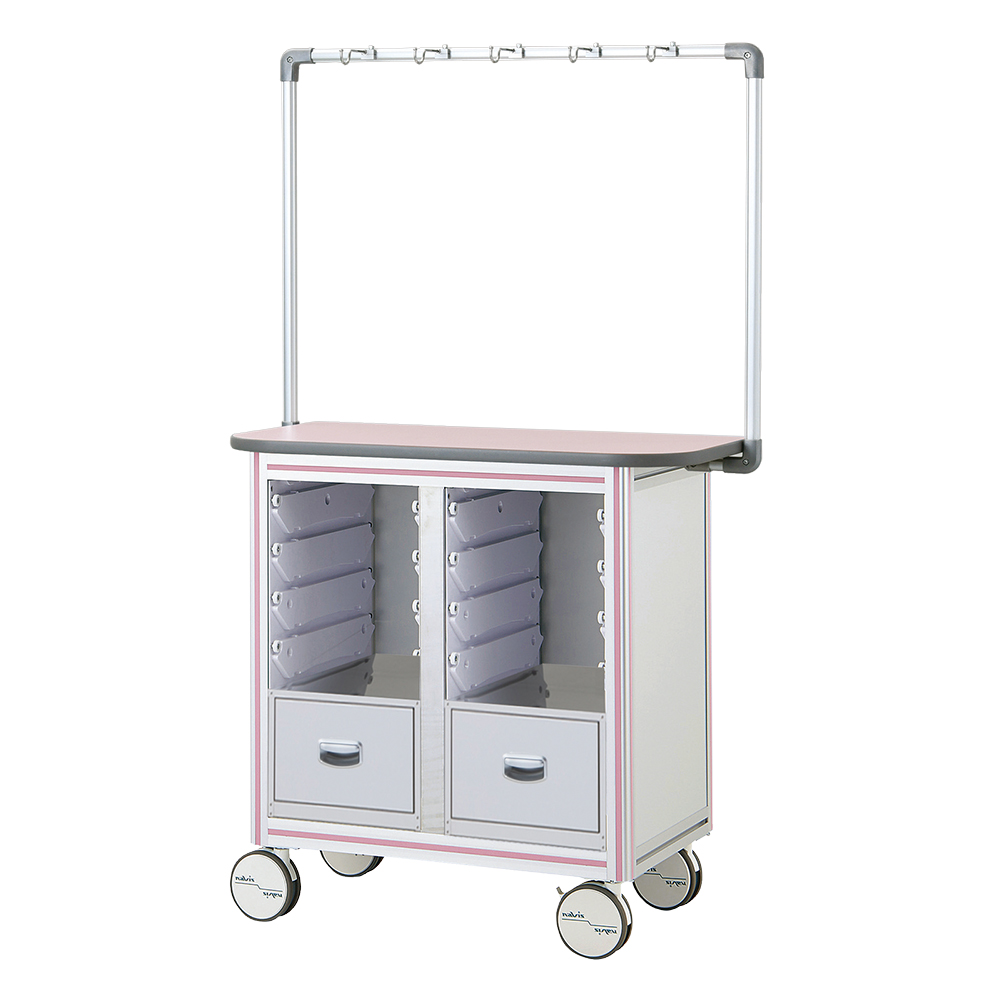 点滴作業台　片面型・引出し付きシングルフレーム　970×500×1675mm　2列×4段　ピンク