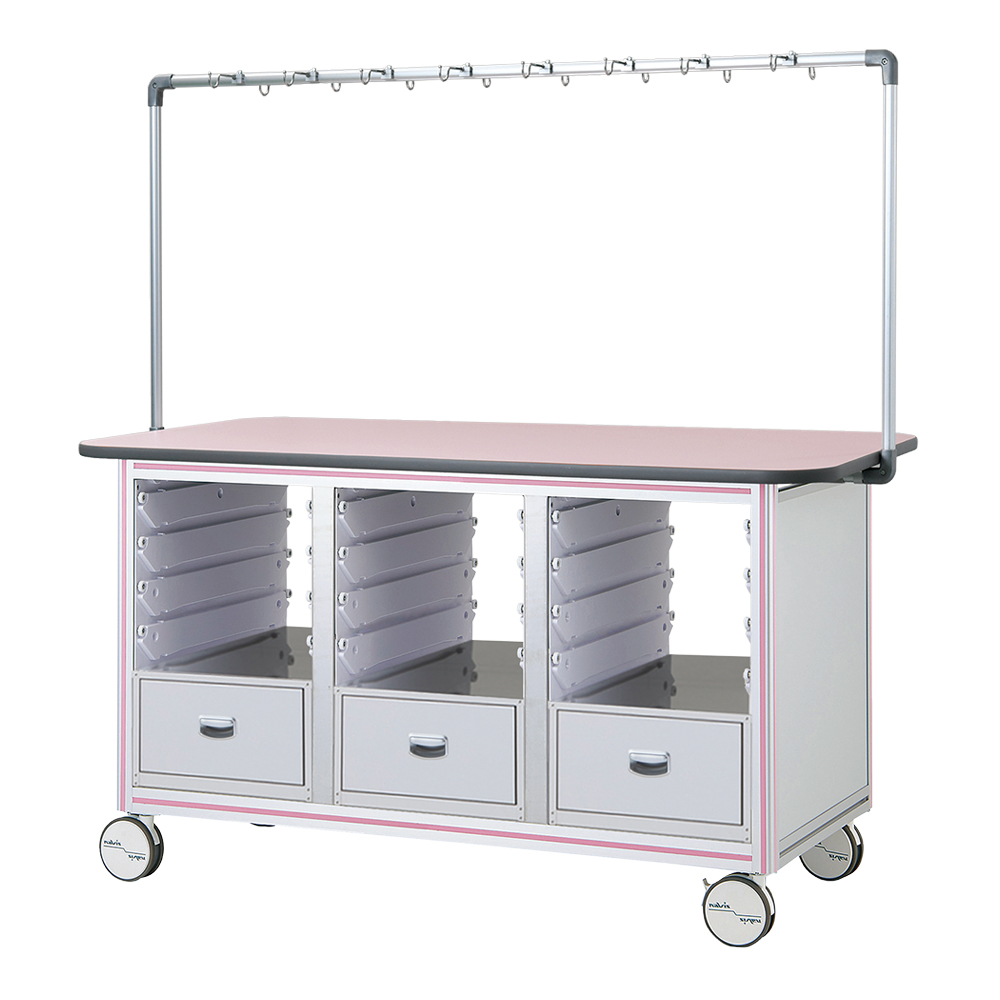 点滴作業台　対面型・引出し付きシングルフレーム　1870×900×1675mm　3列×4段　ピンク