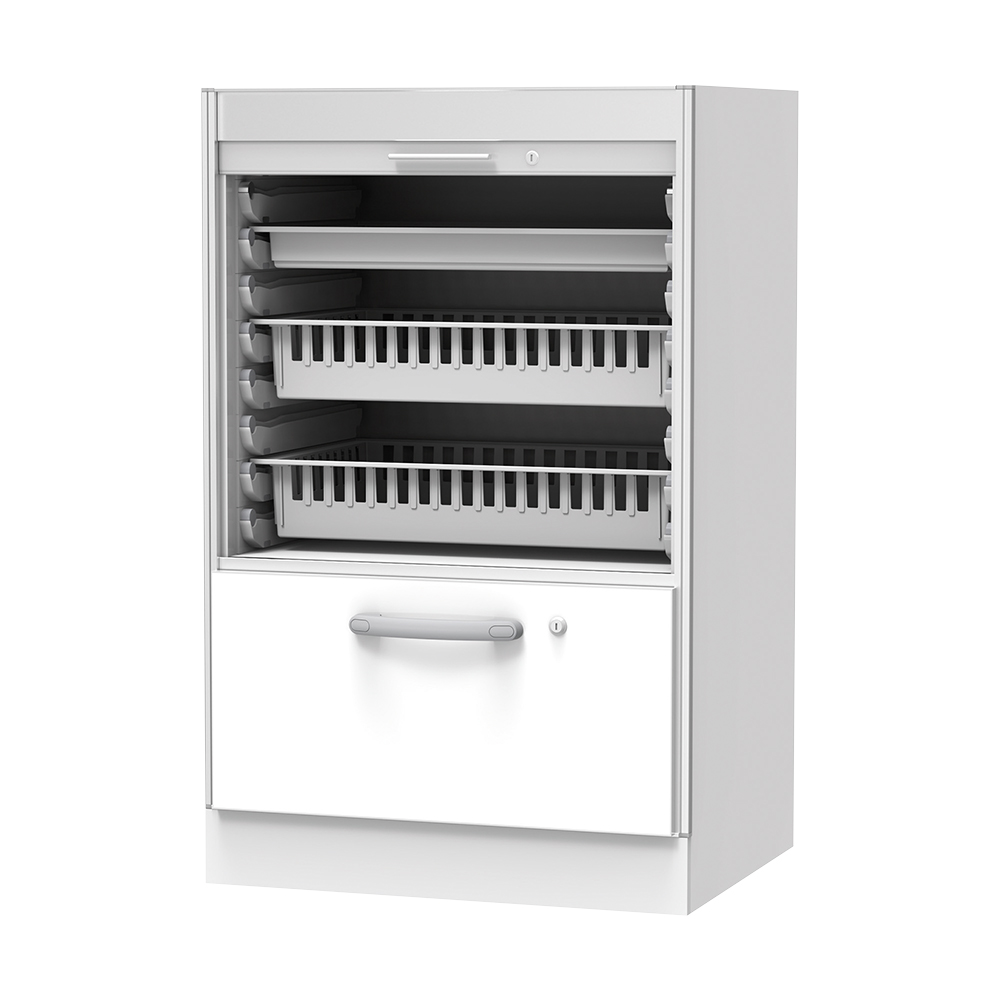 材料キャビネット（ロータイプ・トレイ収納+引出）　664×550×1050mm　シャッター