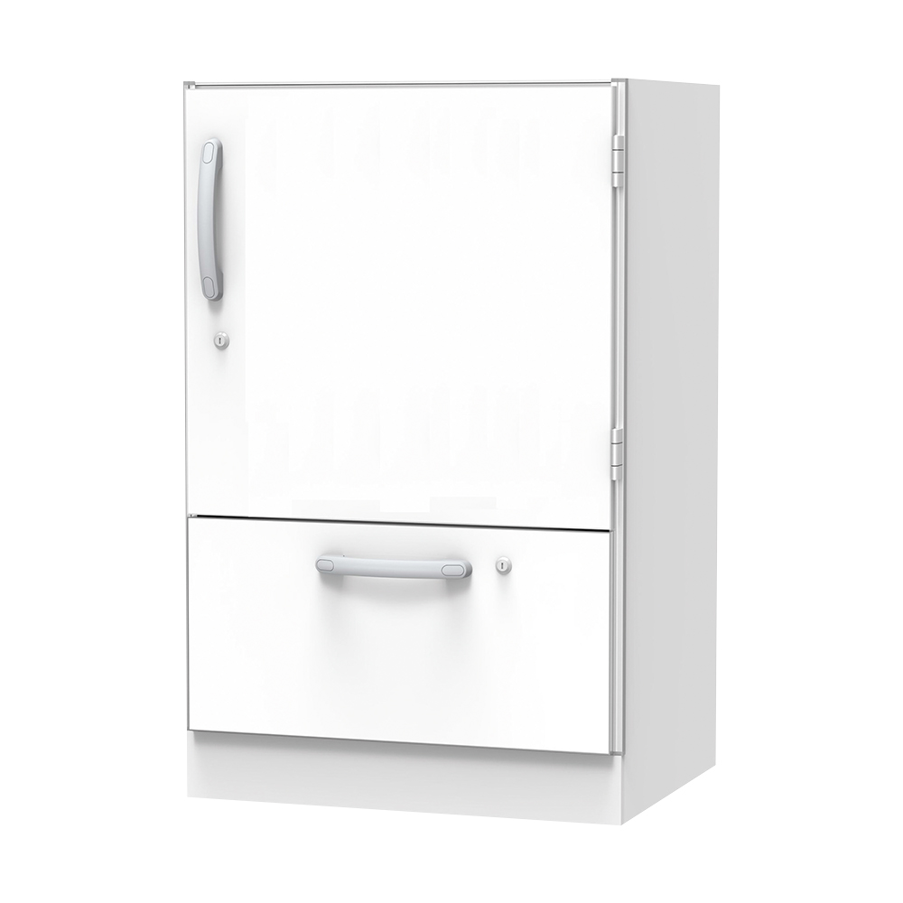 材料キャビネット（ロータイプ・トレイ収納+引出）　664×550×1050mm　片開き扉