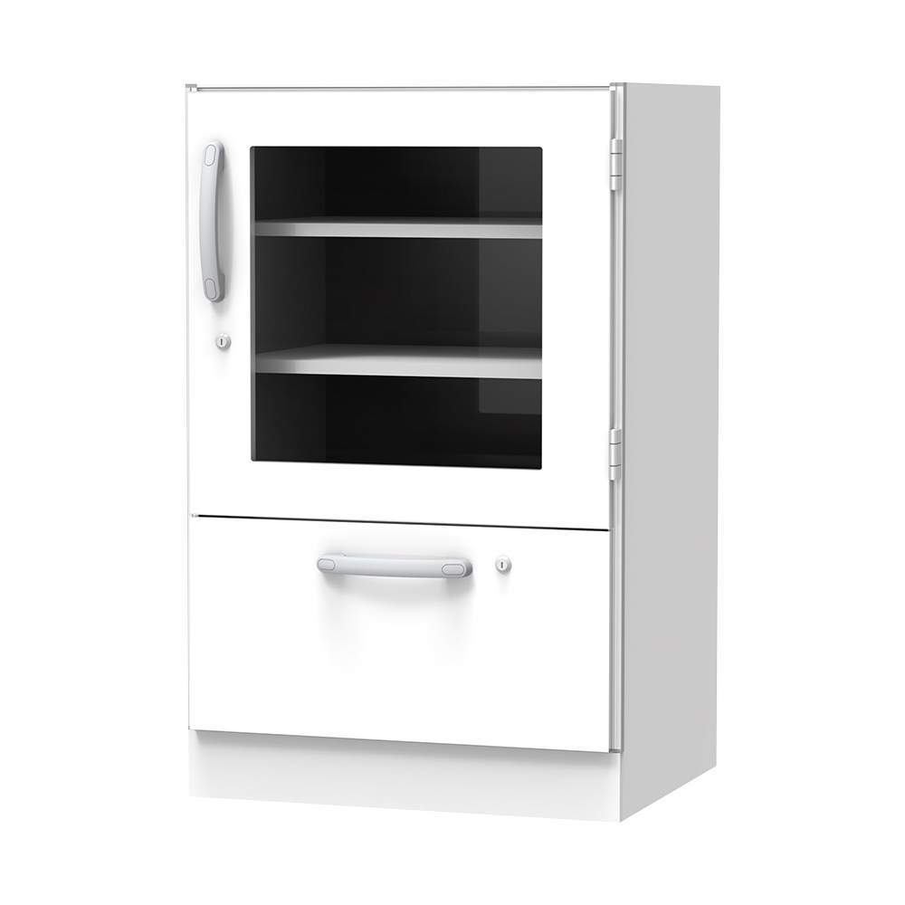 材料キャビネット（ロータイプ・棚板+引出）　664×550×1050mm　片開きガラス扉