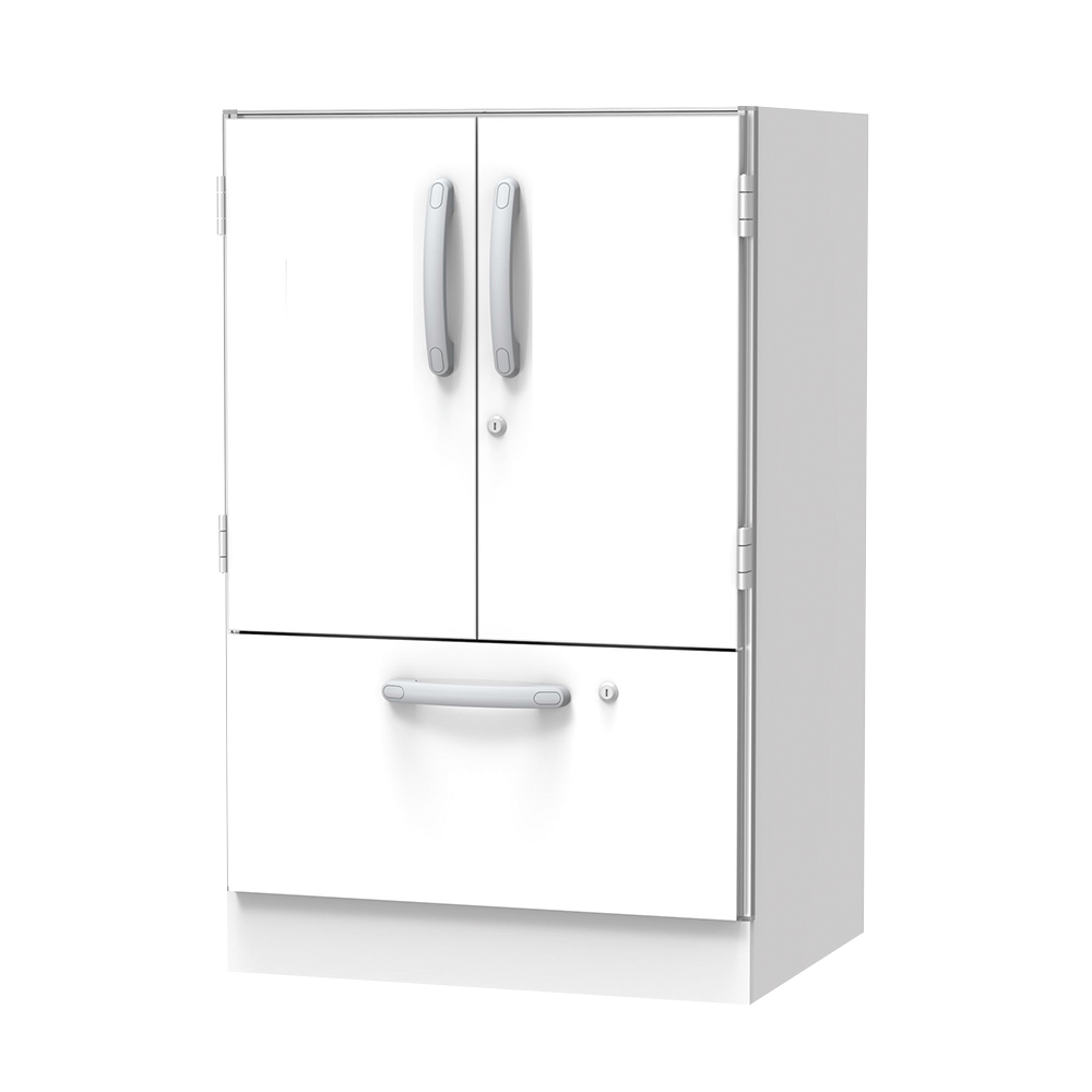 材料キャビネット（ロータイプ・棚板+引出）　664×550×1050mm　両開き扉