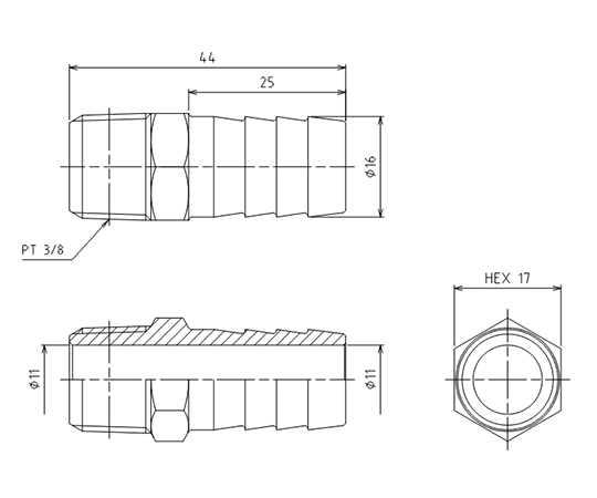 R 3/8"x16.0mm 雄ねじステム(ｽﾃﾝﾚｽ製)