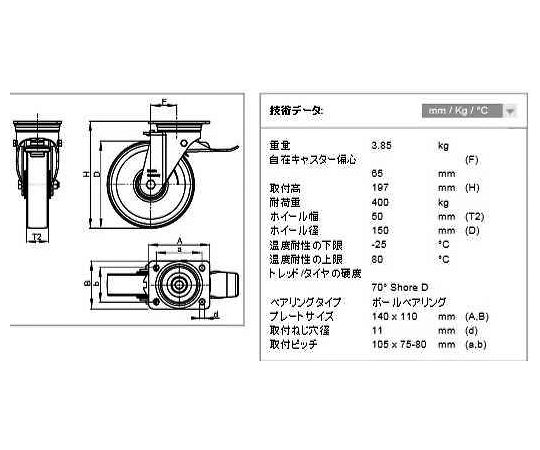 78-1035-80 150mm キャスター(自在金具・前輪ﾌﾞﾚｰｷ付) EA986HP-4