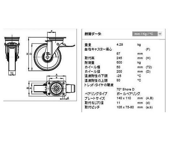 78-1035-82 200mmキャスター(自在金具・前輪ブレーキ付) EA986HP-6