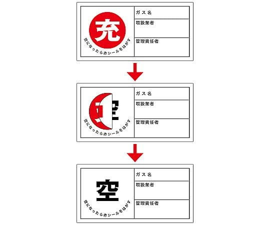 高圧ガス関係標識 ボンベ充空ステッカー 充（赤）⇒空（黒）1箱（10枚入）