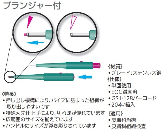 8-5845-01 プランジャー付生検トレパン φ1mm マゼンダ 1箱（20本