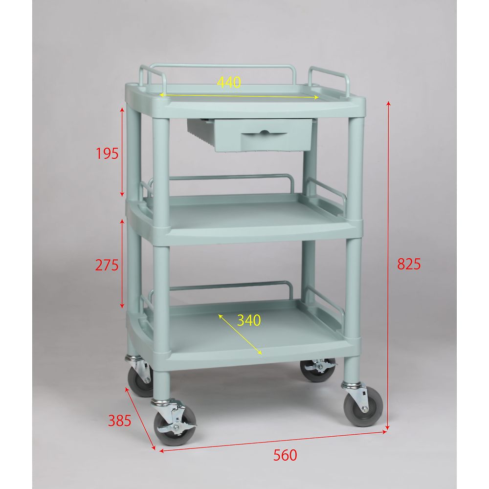プラスチックワゴン3段 引出し1個･ガードレール付き 560×385×825mm　Y101H