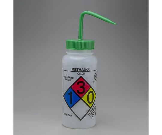 安全ラベル（4色ダイヤモンド）付き 洗浄ボトル（広口）ベント付き メタノール（緑） 500mL, 1箱(4個入)　12416-0011