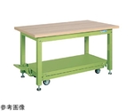 重量作業台ペダル昇降移動式（KWC/耐荷重2000kg/木目メラミン天板/W1800×D900×H740mm）グリーン　KWCM-189